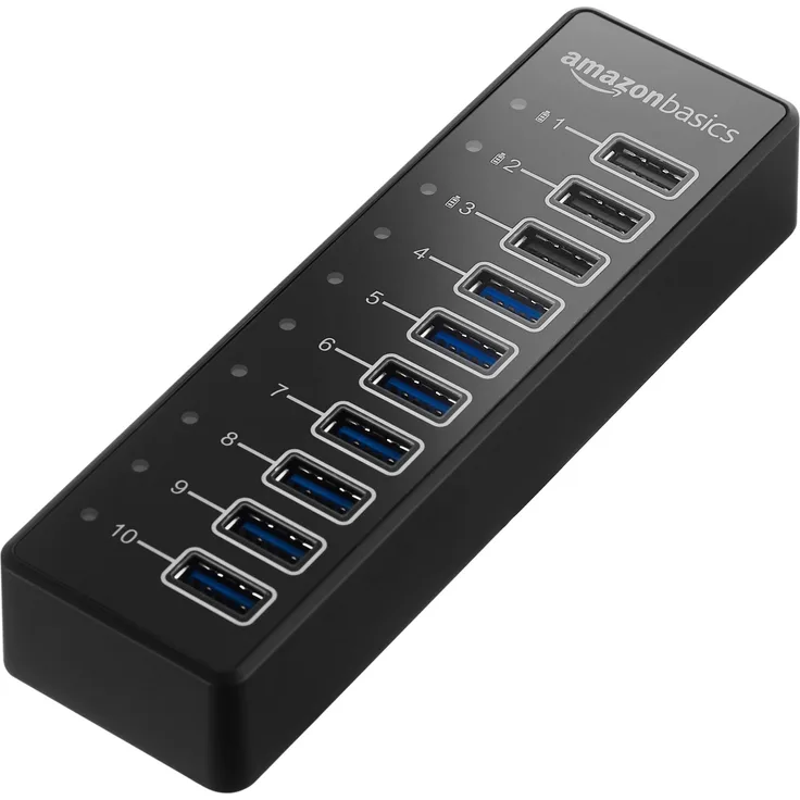AmazonBasics - USB-Hub, USB-A 3.1 mit 10 Anschlüssen und Netzadapter - 65 W (20 V-3,25 A), Schwarz