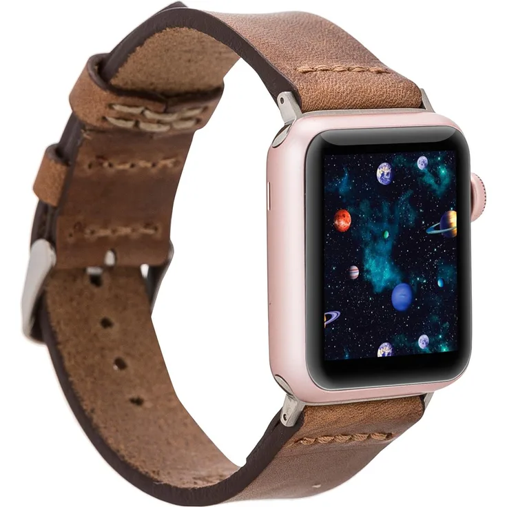 Burkley Apple Watch Büffel Leder Armband Vintage Ersatzarmband in 42/44mm Braun Silber