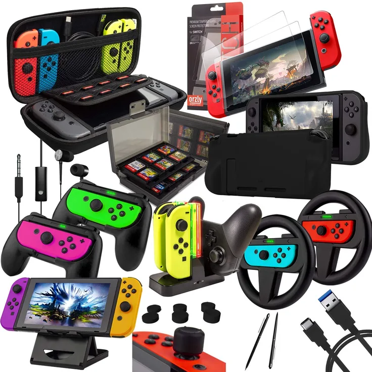 Orzly Zubehörpaket-Switch - Geek Pack für Nintendo Switch: Tragetasche & Displayschutzfolie, Joycon Grips & Lenkrad, JoyCon/Pro-Controller-Ladestation, Comfort Grip Tasche & More - JetBlack - Preisvergleich