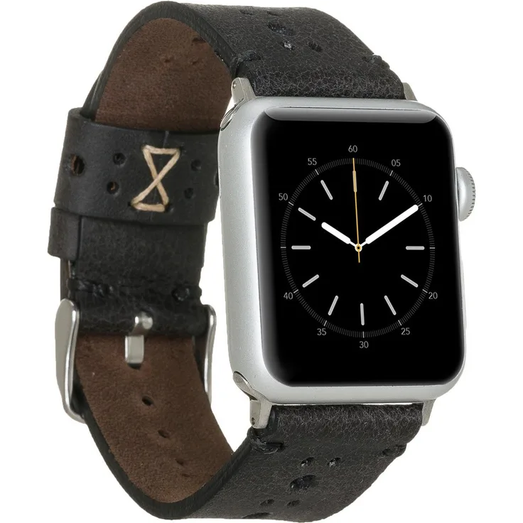 Burkley Apple Watch Leder Armband Vintage Schwarz Ersatz Uhren-Armband in 38/40mm (BA8)
