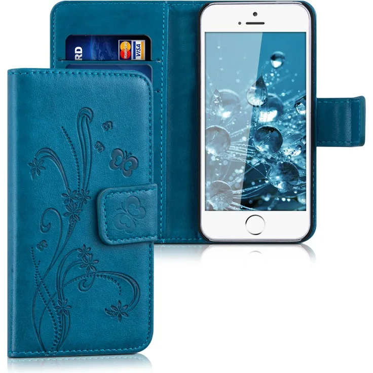 kwmobile Handyhülle, Hülle für Apple iPhone SE (1.Gen 2016) - 5 - 5S - Polyurethan Handy Wallet Case mit Kartenfächern und Stand - Ranken Schmetterling Design