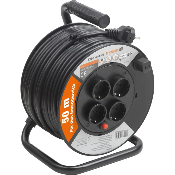 Meister Kabeltrommel H05VV-F3G1,5, IP20 - 50 m Kabel - Thermoschutz-Schalter - Indoor - Kabelrolle mit 4 Schuko-Steckdosen - Kabelbox mit Verlängerungskabel - Leitungsroller mit Kurbel - 7435850