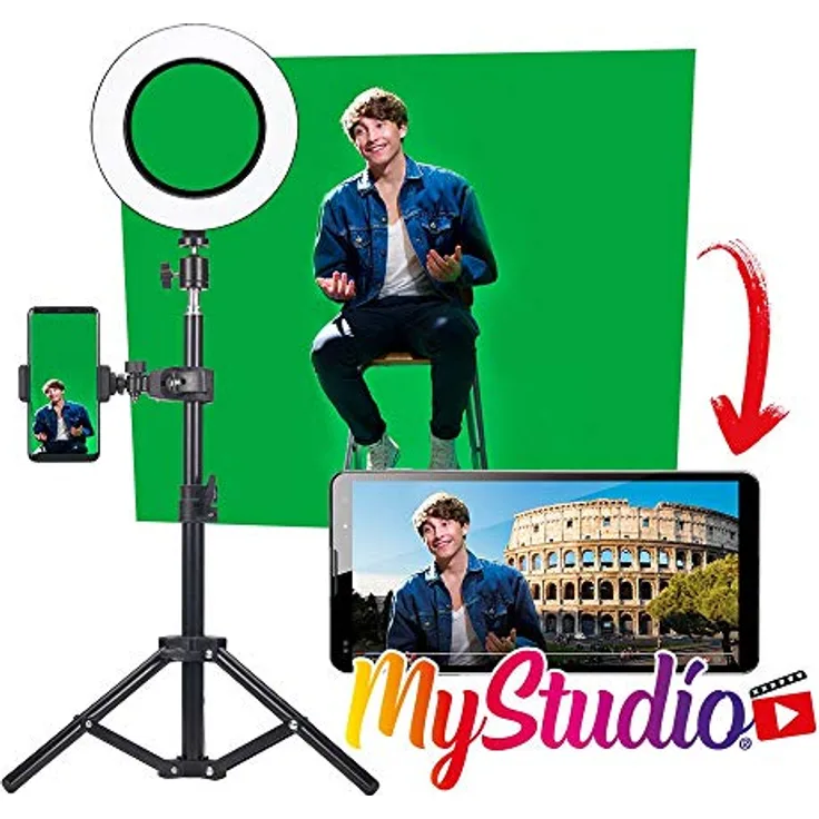 Easypix MyStudio Studio Kit, Stativ, 2x3 m Greenscreen, Videoleuchte, Mikrofon