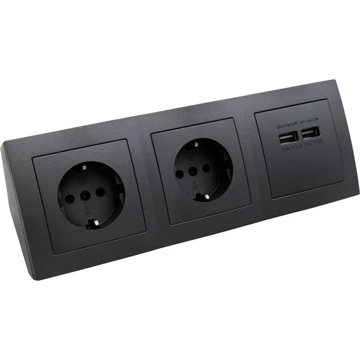 Steckdosenblock McPower Flair anthrazit 2-fach Schutzkontakt + 2x USB
