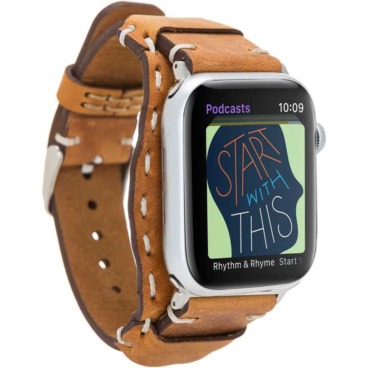 Burkley Apple Watch Leder Armband CUFF in Antik Camel 42-44mm (VA1-G19) + Adapter in Silber