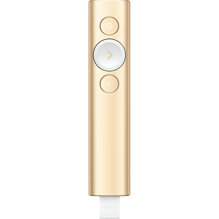 Logitech Spotlight Presenter, Bluetooth und 2,4 GHz Verbindung via USB-Empfänger, Digitaler Laserpointer, 30 m Reichweite, Timer, Vibrationsalarm, PC-Mac-Android-iOS - gold, Englische Verpackung – Bild 1