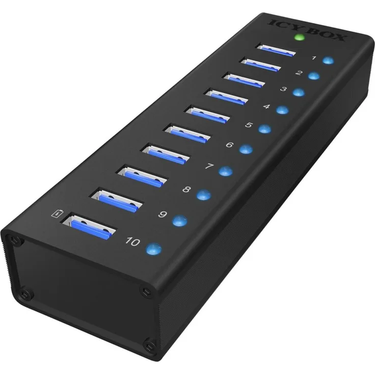 ICY BOX IB-AC6110 10-fach USB 3.0 Hub mit Netzteil (12V-4A), Ladeport, Voll-Aluminium, Klettbefestigung, Schwarz