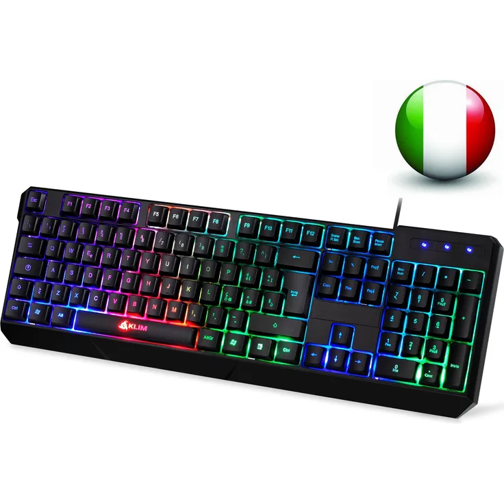 KLIM Chroma Tastatur Gamer ITALY mit USB Kabel - Hohe Leistung - bunte Beleuchtung Gaming Tastatur ( schwarz ) RGB PC Windows, Mac