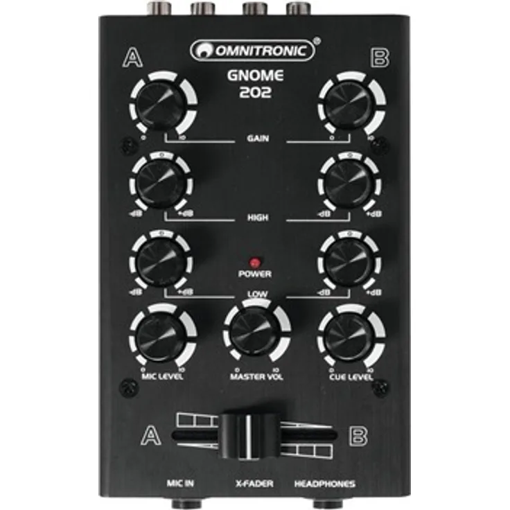 OMNITRONIC GNOME-202 Mini-Mixer schwarz | 2-Kanal-DJ-Mixer im Miniaturformat | Extrem leichter und kompakter DJ-Mixer | Metallgehäuse