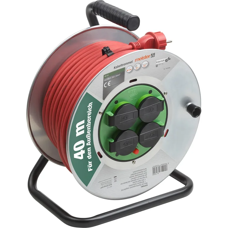 Meister Kabeltrommel H07RN-F3G1,5, IP44 - 40 m Kabel - Thermoschutz-Schalter - Outdoor - Kabelrolle mit 4 Schuko-Steckdosen - Kabelbox mit Verlängerungskabel - Leitungsroller mit Kurbel - 7435890