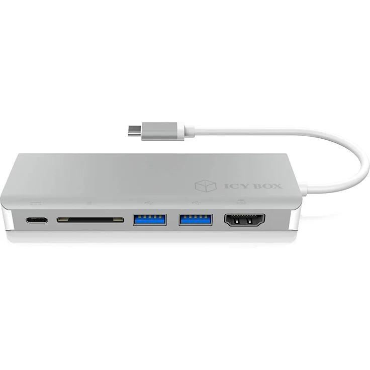 ICY BOX USB-C Adapter für Notebooks und Tablets mit HDMI, 2x USB 3.0, Power Delivery, Kartenleser, LAN, Aluminium, USB-C Hub, USB-C Dock – Bild 2