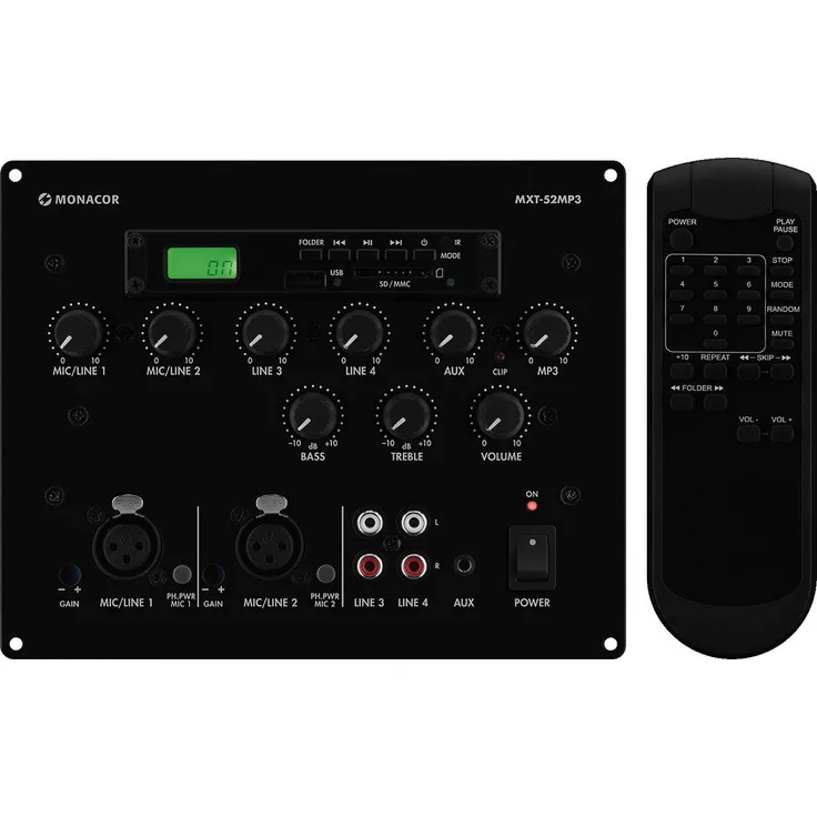 MONACOR MXT-52MP3 Mischpult mit integriertem MP3-Spieler für die Unterputz-Wandmontage, Schwarz