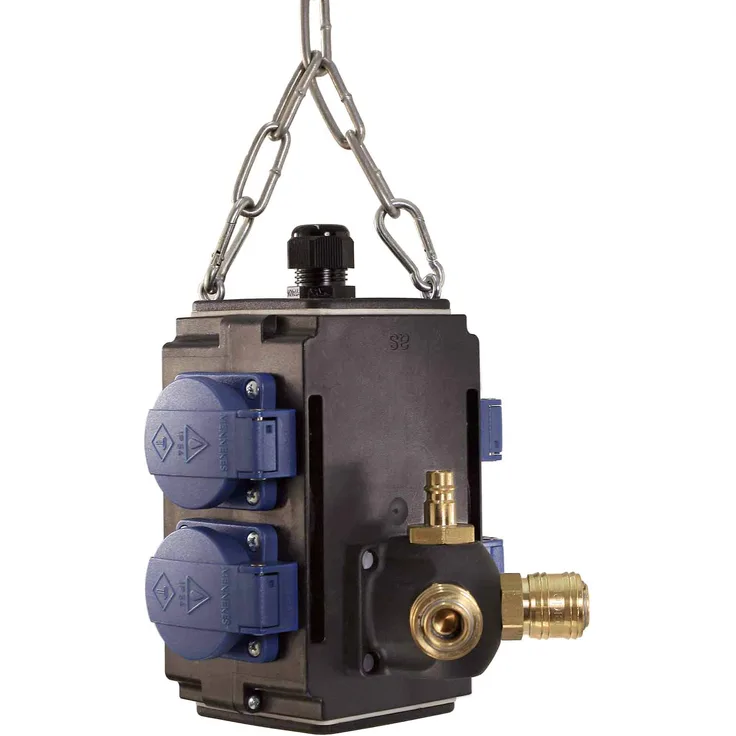 as - Schwabe MIXO Energiewürfel I+ – Hänge-Verteiler mit 4 Schuko-Steckdosen 230 V, 16 A & Druckluftanschluss – MIXO-Verteiler für bessere Energieversorgung – IP44 – Schwarz I 60732