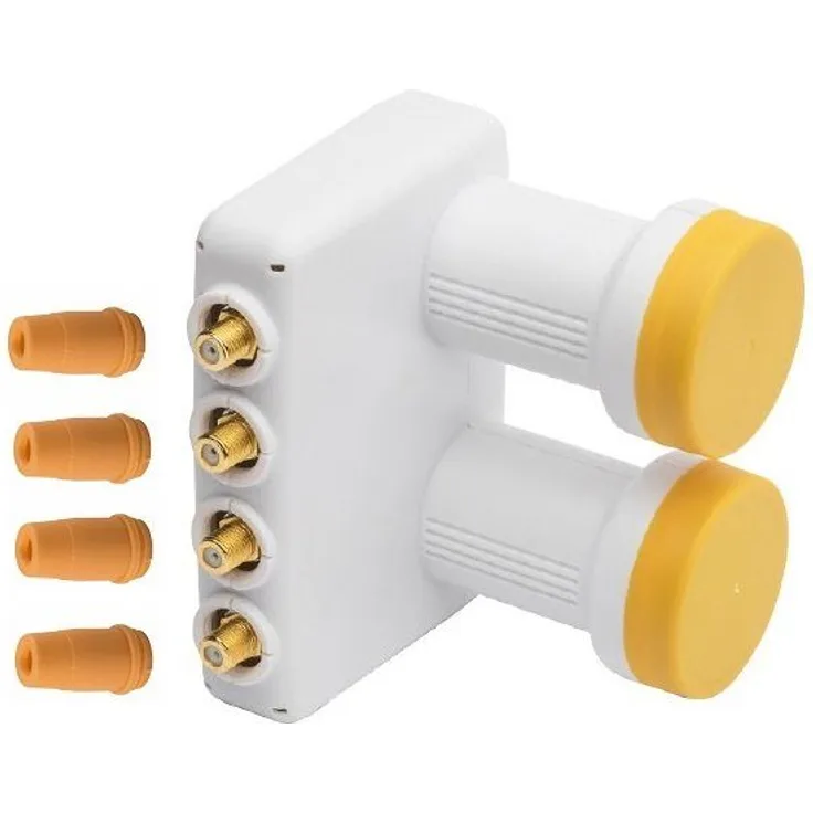 ARLI, Monoblock Quad LNB 0,1 dB mit eingebautem DiSEqC Schalter 6,2 Grad für Astra 19,2 + Hotbrid 13 (für 4 Teilnehmer, inkl. Wetterschutz für F Anschlüsse - 4 Teilnehmer)
