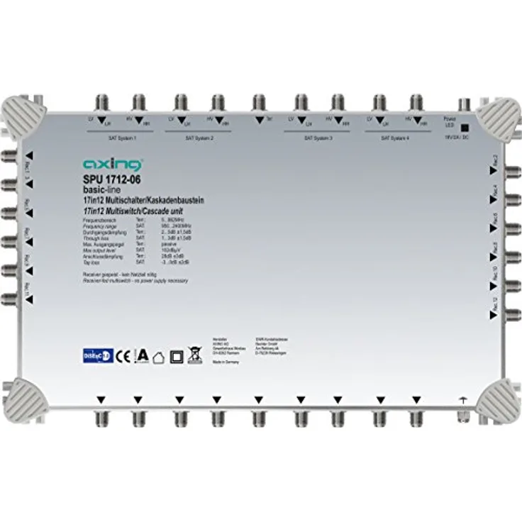 Axing SPU 1712-06 Multischalter 17 in 12 ''DiSEqC'' Multiswitch-Kaskade erweiterbar SAT aktiv hellgrau