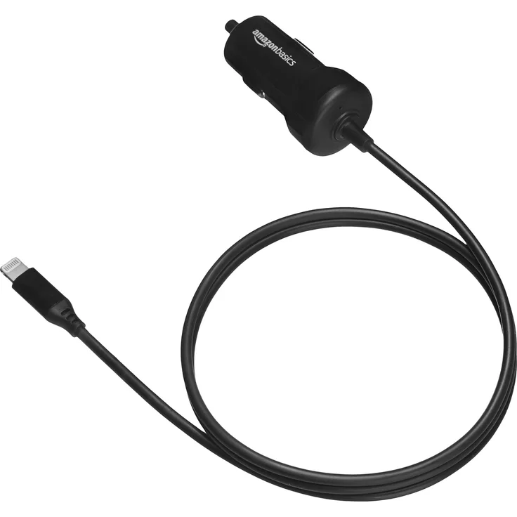 AmazonBasics - Kfz-Ladegerät mit Lightning-Anschluss, Gerade Kabel, 5 V, 2,4 A, 0,91 m, Schwarz