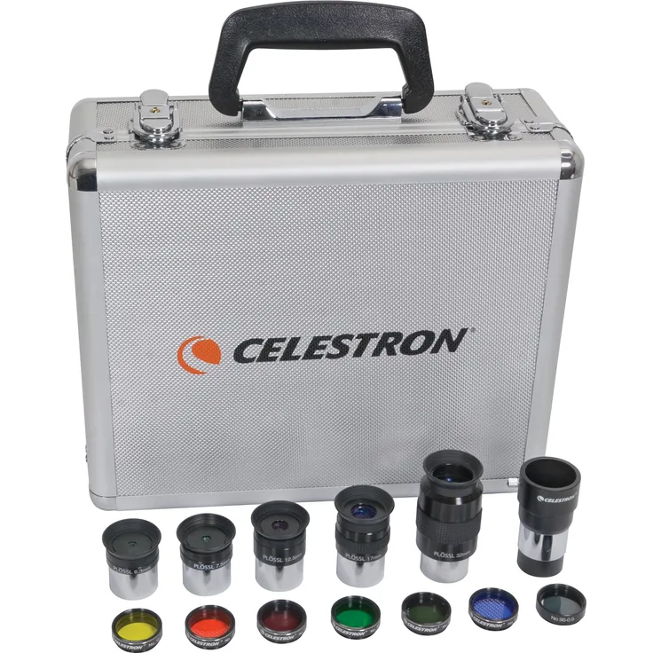 Celestron Okular und Filter Set 1,25“ Okularset 5 Okulare, Barlowlinse, Mondfilter, 6 Farbfilter, Alu-Koffer