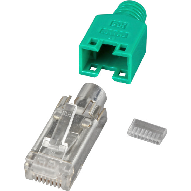EFB-Elektronik GmbH RJ45-Hirose Stecker STP, TM11 grün, 100 Stück, 3 Elemente, Cat. 5e, Bis 100 MHz (Cat.5e) für Litzen Geschirmte Ausführung Aderisolierung ca. 0.9 - 1.0 mm Kabeldurchmesser max. 5.8 mm Das Set besteht aus RJ-Stecker (