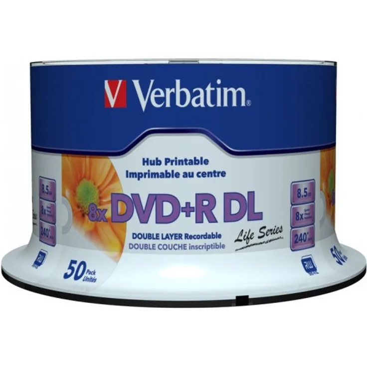 Verbatim DVD Double Layer DVD+R DL 8.5 GB - 240 min 8x, Full printable White No ID, 50 Stück in Cakebox