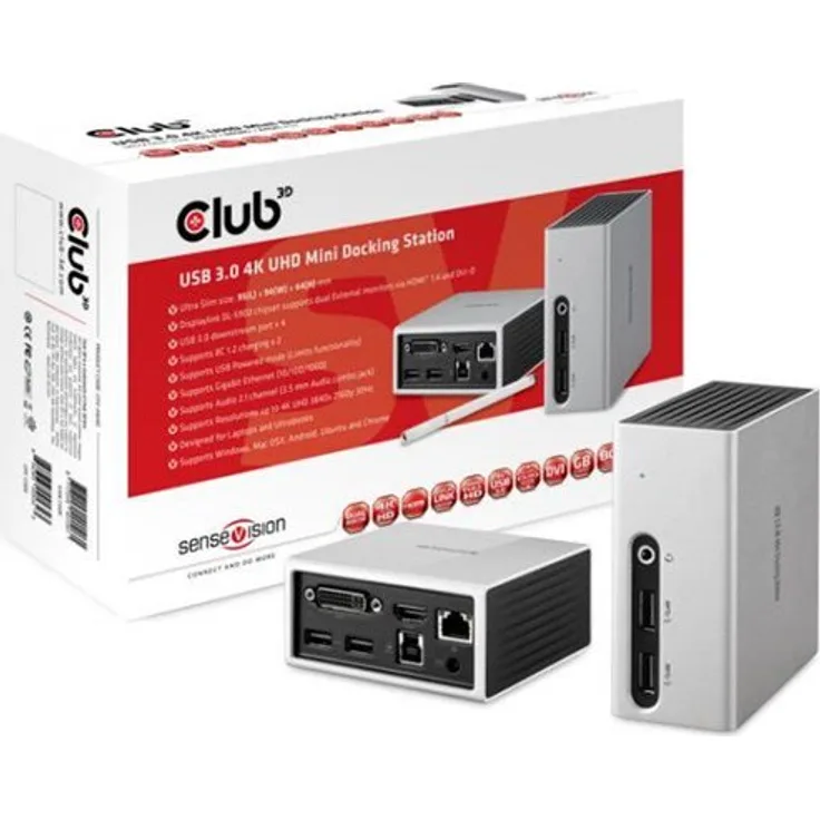 Club 3D SenseVision USB 3.0 4K Mini Docking Station-1x HDMI UHD, 1x DVI-D, 4x USB3.0, 2x USB BC 1.2 Schnelladen, 1x RJ45, 1x 2.1ich -Mich, LED Funktionsleiste, Aluminium-schwarz