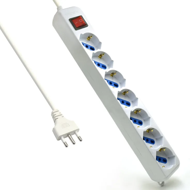 Ewent ew3927 Mehrfachsteckdose Steckdosenleiste mit 7 Universalsteckdosen ITA 10-16 A und Schuko, beleuchtetem Schalter, Kabel 1,5 m mit italienischem Stecker 16 A, weiß