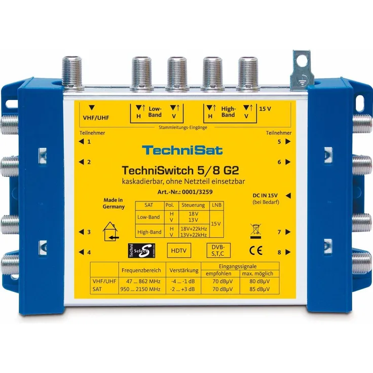 TechniSat TECHNISWITCH 5-8 G2 – Multischalter (Verteiler für Satellitensignale, für bis zu 8 Teilnehmer, 100m Entfernung überbrückbar, incl. Netzeil - mit und ohne Netzteil nutzbar) blau-gelb