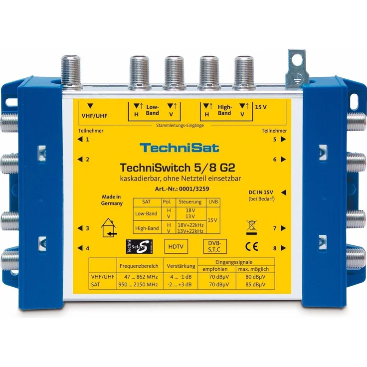 TechniSat TECHNISWITCH 5-8 G2 – Multischalter (Verteiler für Satellitensignale, für bis zu 8 Teilnehmer, 100m Entfernung überbrückbar, incl. Netzeil - mit und ohne Netzteil nutzbar) blau-gelb – Bild 1