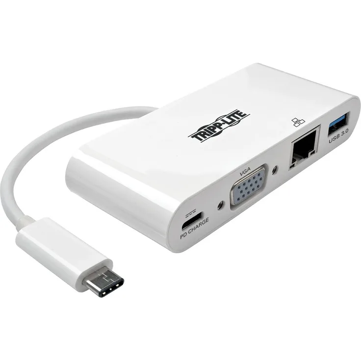 USB-C (Type-C) auf VGA Adapter mit USB-A, USB-C PD Charging und Gigabit Ethernet, USB 3.1, Gen 1, Thunderbolt 3, 1080p, Weiß
