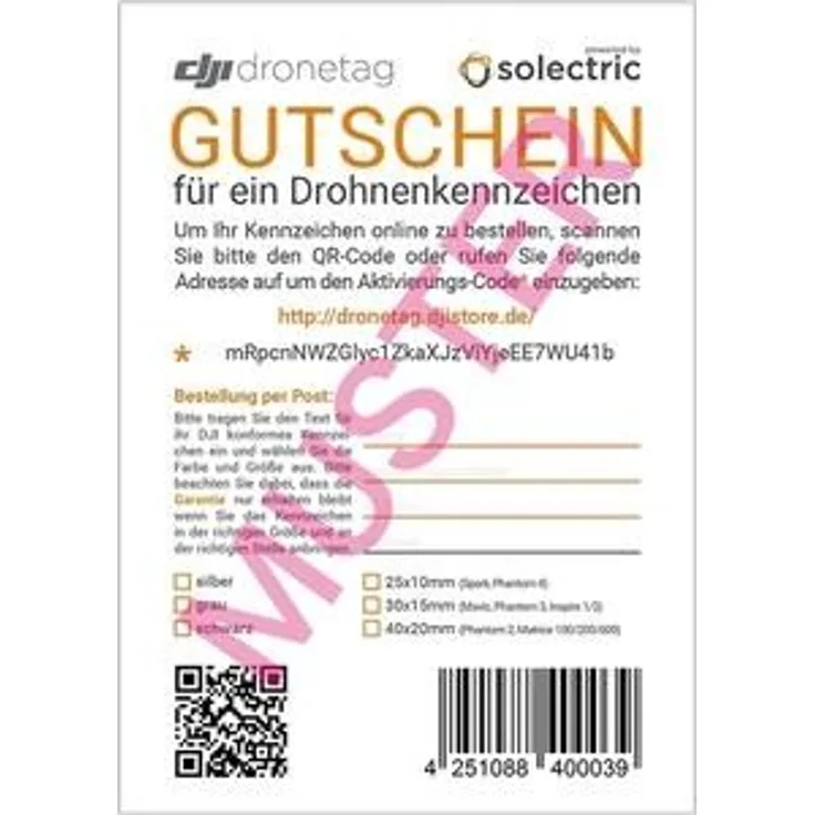 DJI Gutschein Drohnenkennzeichen Code für Online E