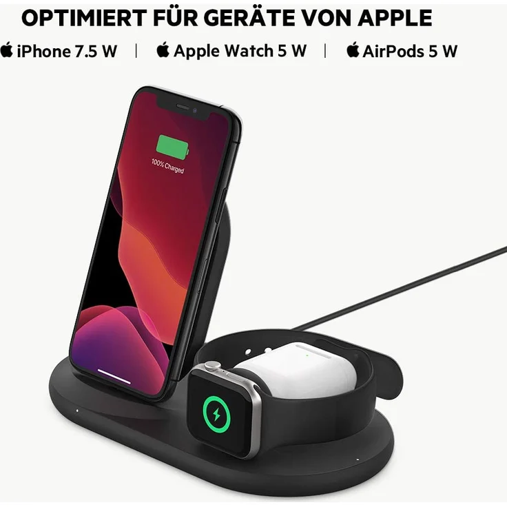 Belkin drahtloses 3-in-1 Ladegerät, kabellose 7,5-W-Ladestation, geeignet für Apple iPhone/Watch/AirPods, kabelloses Ladedock, drahtlose iPhone Ladestation, Apple Watch Ladeständer, Kombi-Ladegerät, Qi Ladestation, schwarz – Bild 6