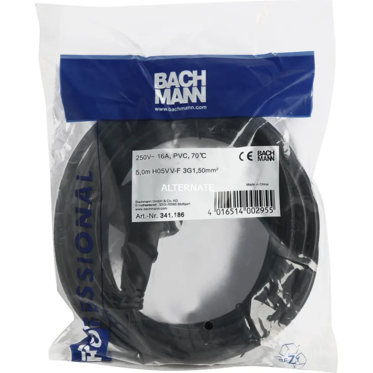 Bachmann - Stromverlängerungskabel (230 VAC) - CEE 7/7 (SCHUKO) (M) - CEE 7/7 (SCHUKO) (W) - 5 m (341.186)