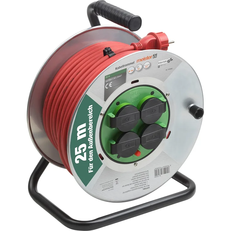 Meister Kabeltrommel H07RN-F3G1,5, IP44 - 25 m Kabel - Thermoschutz-Schalter - Outdoor - Kabelrolle mit 4 Schuko-Steckdosen - Kabelbox mit Verlängerungskabel - Leitungsroller mit Kurbel - 7435880