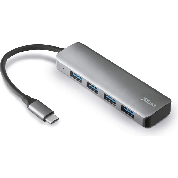Trust Halyx USB-C Hub mit 4 USB-A 3.2 Anschlüssen (für MacBook Pro 2018-2017, Google Chromebook Pixelbook, Dell XPS und Andere Type C Geräte) grau