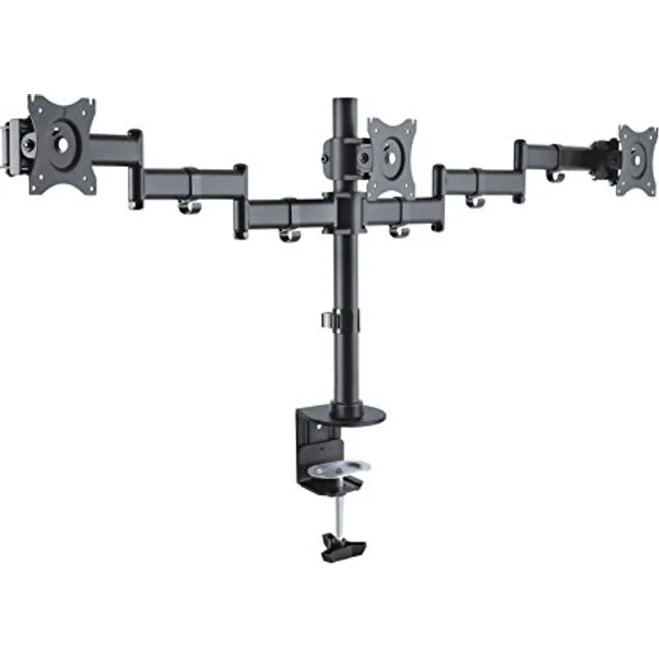 PureMounts PM-OFFI-03 Schreibtischhalterung für 3 Monitore 33-69 cm (13-27 Zoll), neigbar: -45° bis 45°, schwenkbar: 180°, drehbar: 360°, höhenverstellbar, Traglast: max 8,0kg VESA 100x100 schwarz