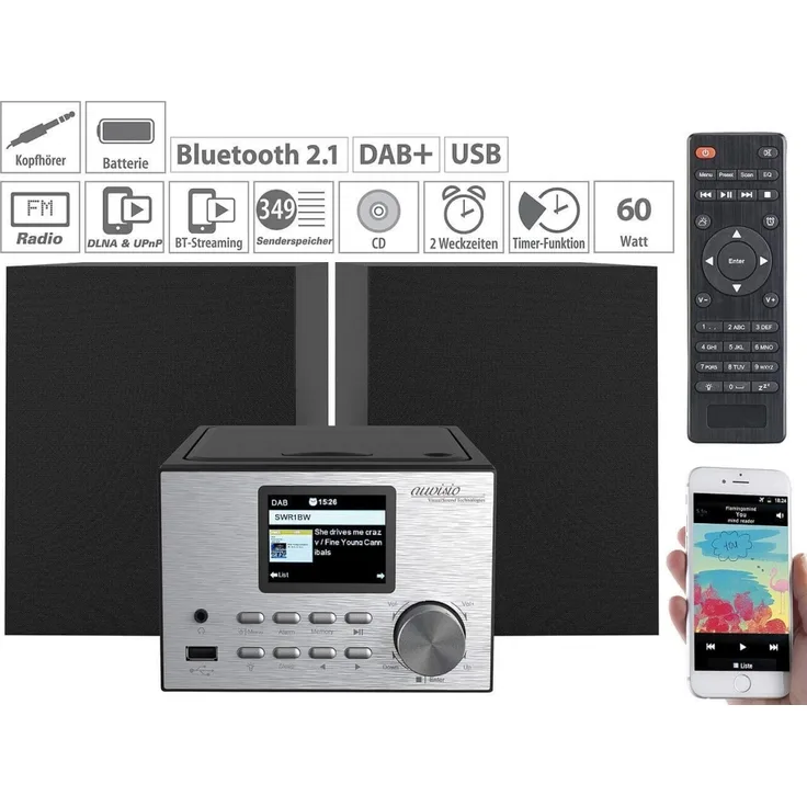 auvisio IRS-500.mini Micro-Stereoanlage mit Webradio, DAB+, FM, CD, Bluetooth, USB, 60 Watt