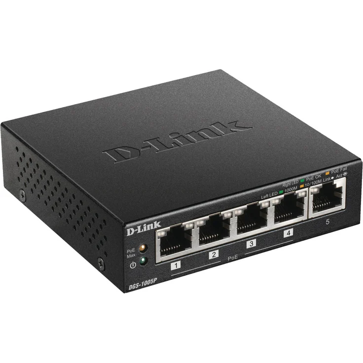 D-Link DGS-1005P, 5-Port Layer 2 unmanaged PoE Gigabit Switch (4 x 10-100-1000 Mbit-s BaseT PoE Port, 1 x 10-100-1000 Mbit-s BaseT Port, 60W PoE Kapazität, Plug & Play, lüfterlos, Metallgehäuse) – Bild 1
