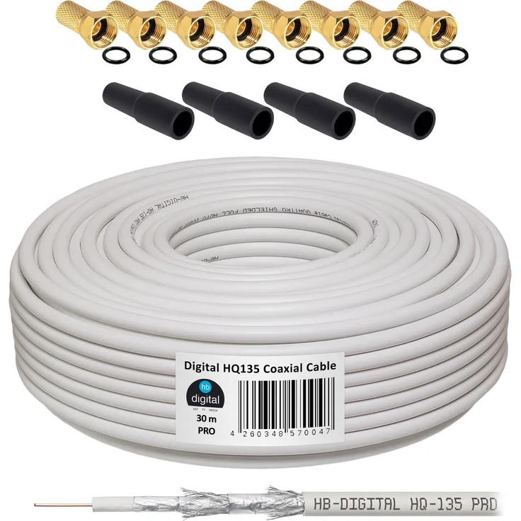 30m 130dB Koaxial Kabel HB-DIGITAL Set SAT-Kabel inkl. 8 F-Steckern vergoldet und 4 Schutztüllen, 30m Koaxkabel für Satellitenempfang, Schirmungsmaß 130dB, bester Empfang für HDTV, 3D, FullHD, Ultra HD, HD 4K2K, UHDTV
