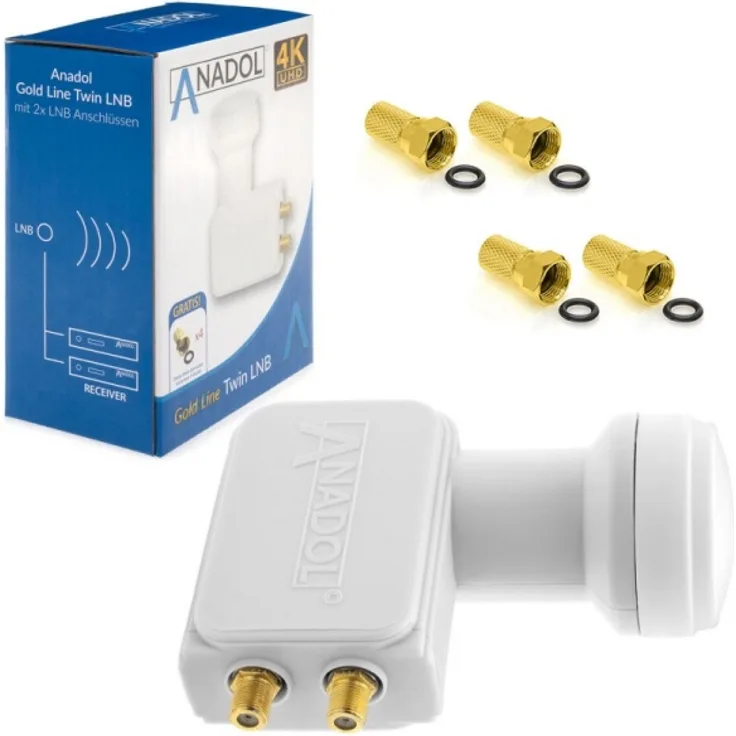 Anadol Gold Line TWIN LNB Digital 4K 0.1dB für 2 Teilnehmer Direkt Anschluss Dual 2fach FULL HD TV 3D 4K + Kontakte vergoldet + Wetterschutz (ausziehbar) im SET mit 4 F-Stecker vergoldet 
