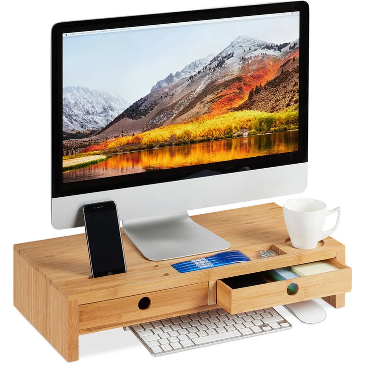 Monitorständer, aus Bambus, Bildschirmerhöhung mit 2 Schubladen & Ablagen, Schreibtisch, HBT 12x56x27cm, natur – Bild 1