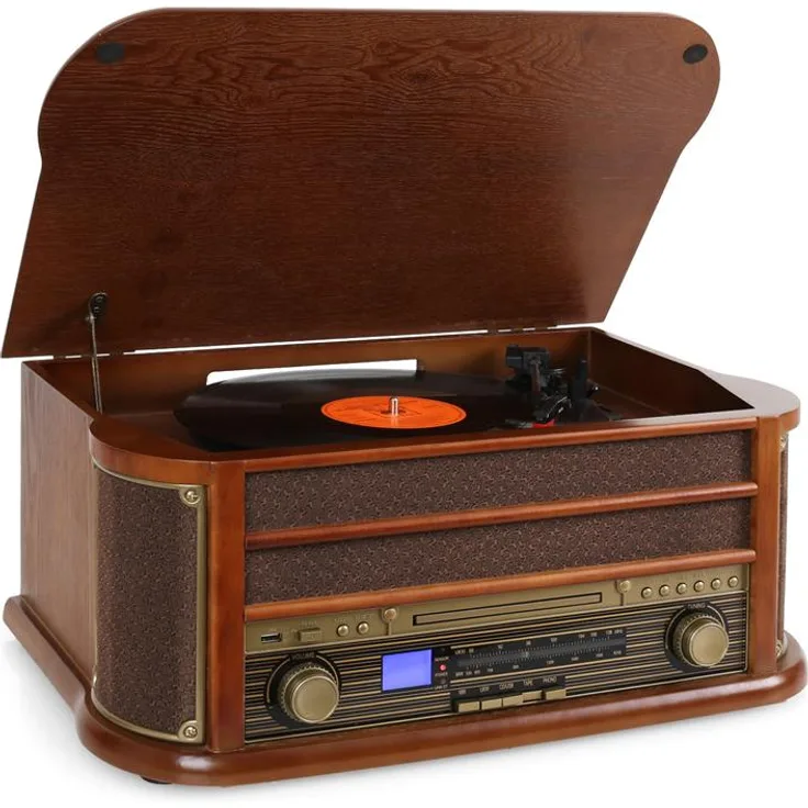 auna Belle Epoque 1908 Retro-Microanlage USB CD MP3 Vinyl Holzgehäuse Braun, CD-Player