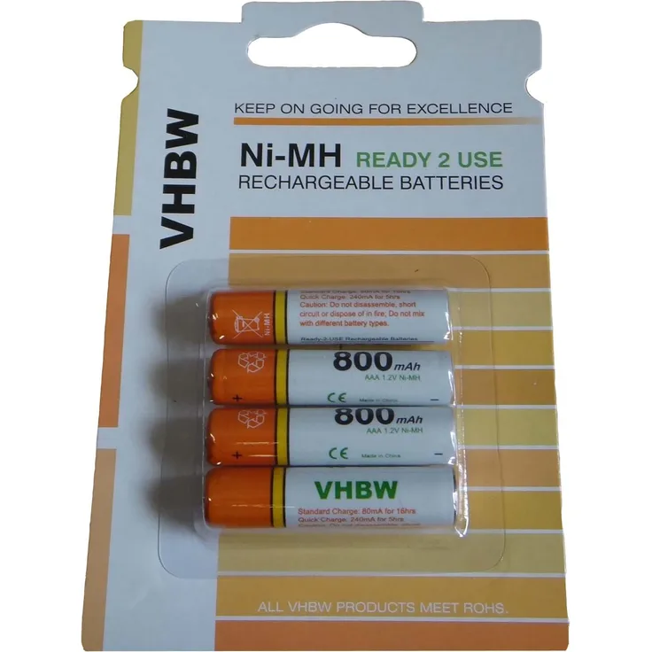 vhbw 4 x AAA, Micro, R3, HR03 Akku 800mAh für Panasonic KX-TG6723, KX-TG6724, KX-TG8051