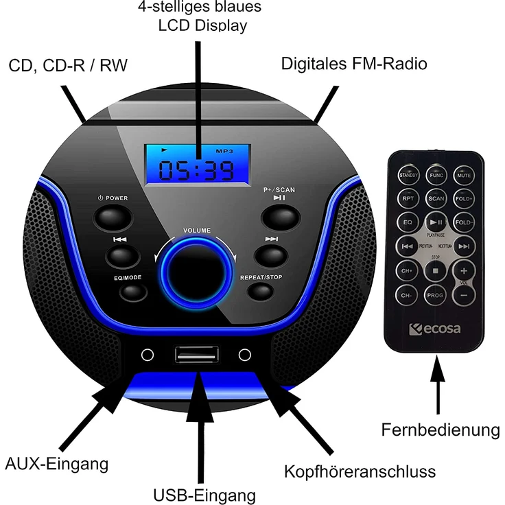 Ecosa EO-2200 Boombox, tragbarer CD-Player, FM-Radio, AUX-In, geeignet für Kinder, schwarz, blau – Bild 3