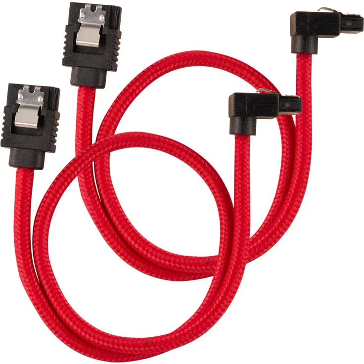 CORSAIR Premium Sleeved - SATA-Kabel - Serial ATA 150/300/600 - SATA (M) straight, latched bis SATA (M) rechtwinklig - 30cm - Rot (Packung mit 2) (CC-8900280) – Bild 1