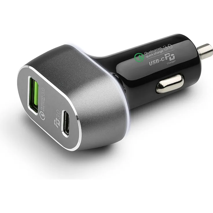 CSL Auto Ladegerät 63W LED 2-Port Kfz Ladeadapter Qualcomm Quick Charge USB C Power Delivery 3.0 für iPhone X XS XR, iPad Pro Air Mini, Samsung Galaxy S10 S9, Huawei, HTC, Xiaomi, MP3, Powerbank