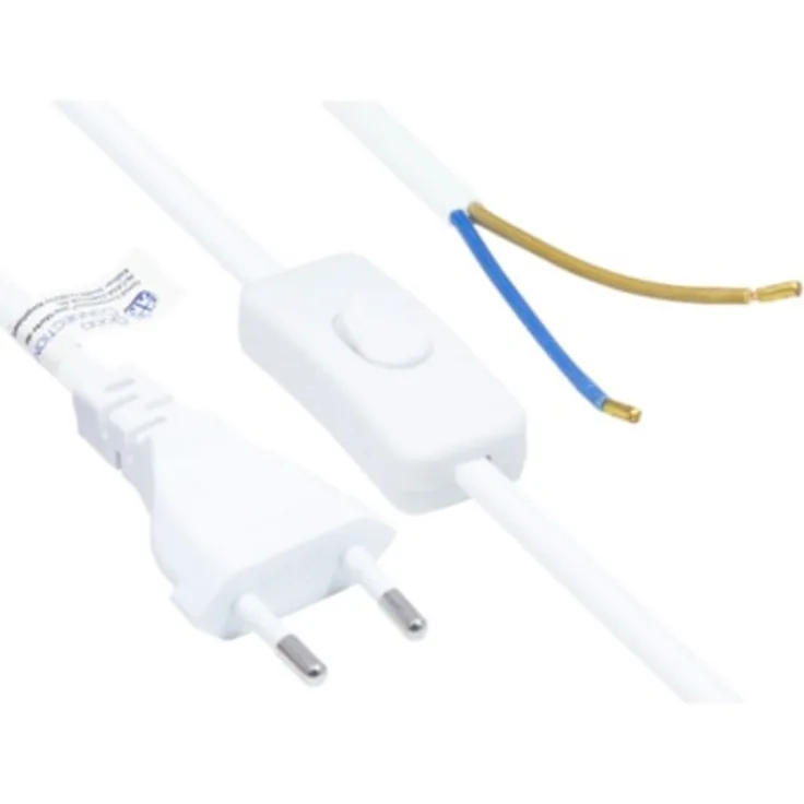 Good Connections EURO-Netzkabel - 1,5 m - Euro-Stecker Typ C (gerade) an abisolierte Enden - STROMKABEL mit SCHALTER - zum Konfektionieren - KUPFERLEITER - Adernquerschnitt: 0,75 mm² - WEISS