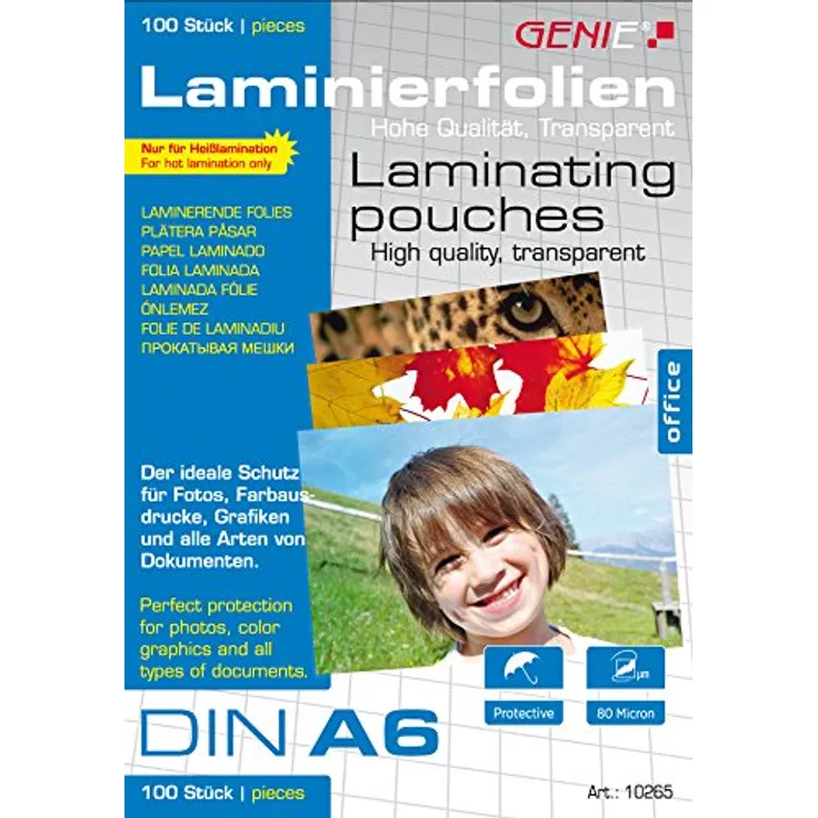 Genie 10265 Laminierfolien (Glasklar, 80 Mikron für Formate bis zu DIN A6, geeignet für alle Heißlaminiergeräte) 100er Pack