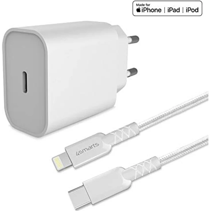 4smarts VoltPlug Schnell-Ladeset 20 W mit 1,5 m Lightning Kabel, geeignet für Apple iPhone/iPad, Ladegerät, weiß