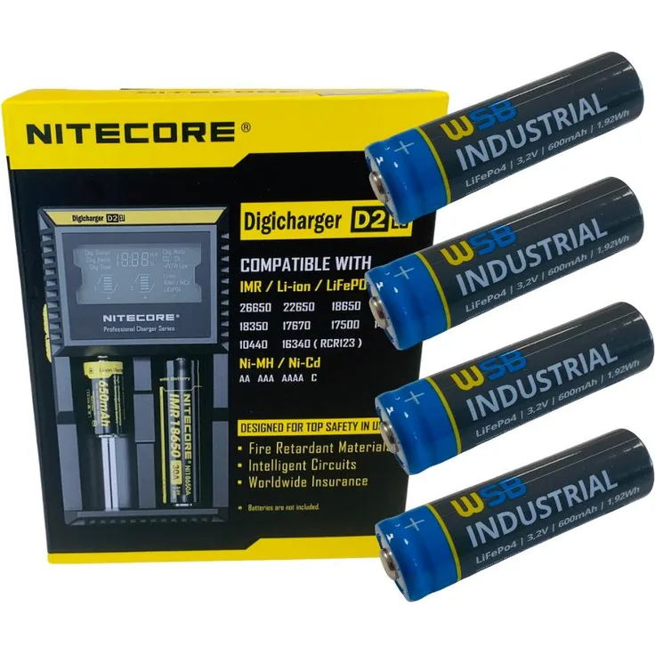 SET Nitecore D2 Ladegerät + 4x 14500 AA Solar Akku LiFePO4 3,2V 600mAh