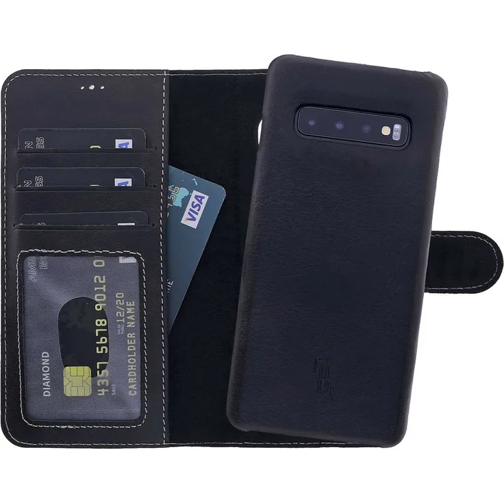 Burkley Lederhülle geeignet für Samsung Galaxy S10 Handyhülle mit abnehmbare Leder-Hülle Case Cover - Handytasche kompatibel mit Galaxy S10 Antik Schwarz