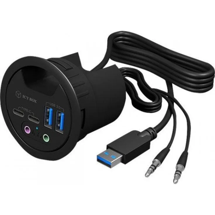ICY BOX USB 3.0 Tisch Hub (60 mm) zum Einbau, 2x USB-C, 2x USB-A, Audio, Kabeldurchführung, Schwarz